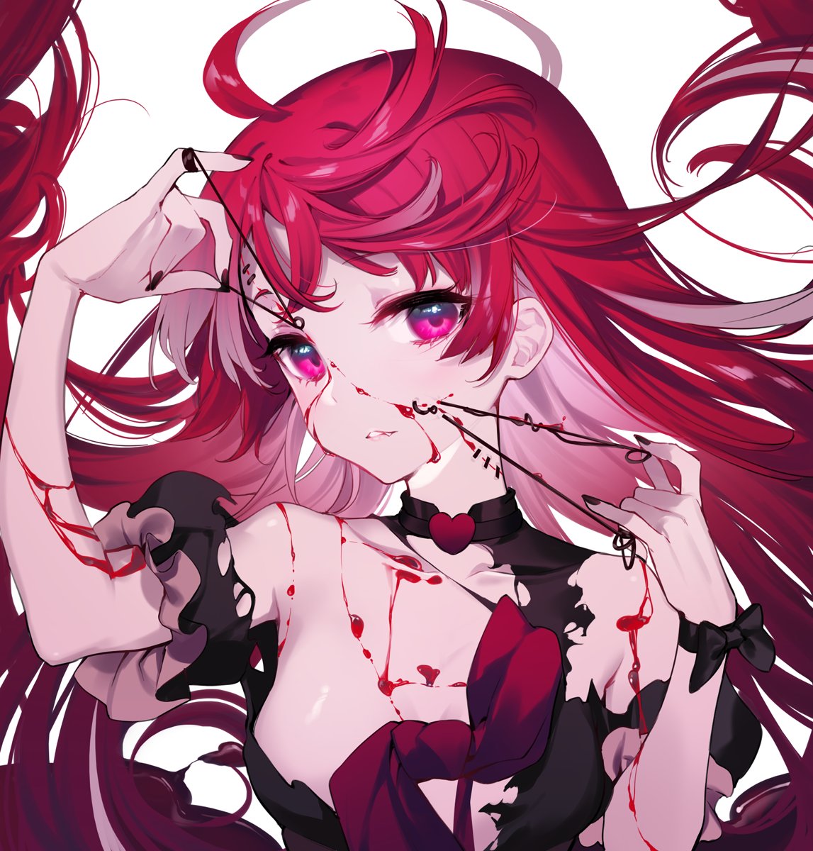 1girl, ahoge, black_bow, black_dress, black_nails, blood, bow, breasts
