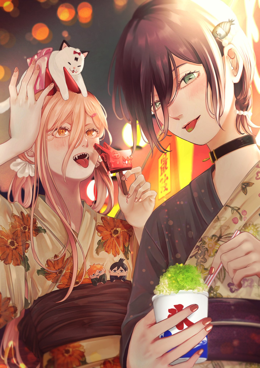 +_+, 2girls, alternate_costume, alternate_hairstyle, animal_on_head, arm_up, black_choker, black_hair