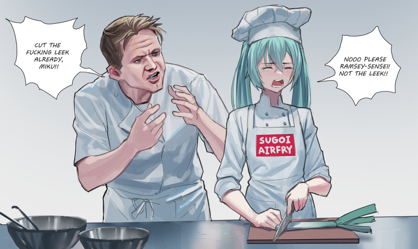 1boy, 1girl, aqua_hair, arguing, bangs, blue_eyes, blue_nails, blush