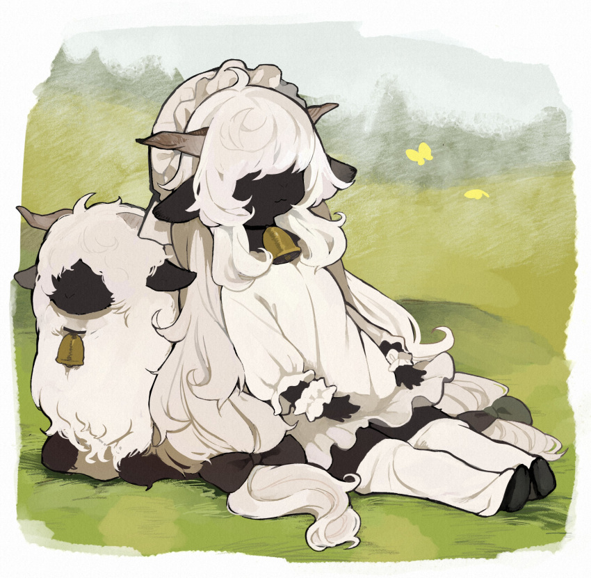 1girl, :3, absurdres, animal, animal_ears, bangs, bell, black_bow, border, bow, bug, butterfly, cowlick, dress, grass, hair_over_eyes, highres, horns, insect, leaning_on_animal, long_hair, long_sleeves, neck_bell, original, outdoors, sakutake_(ue3sayu), sheep, sheep_ears, sheep_girl, sheep_horns, sitting, smile, thigh-highs, twintails, very_long_hair, white_border, white_dress, white_hair, white_legwear, wrist_cuffs, zettai_ryouiki
