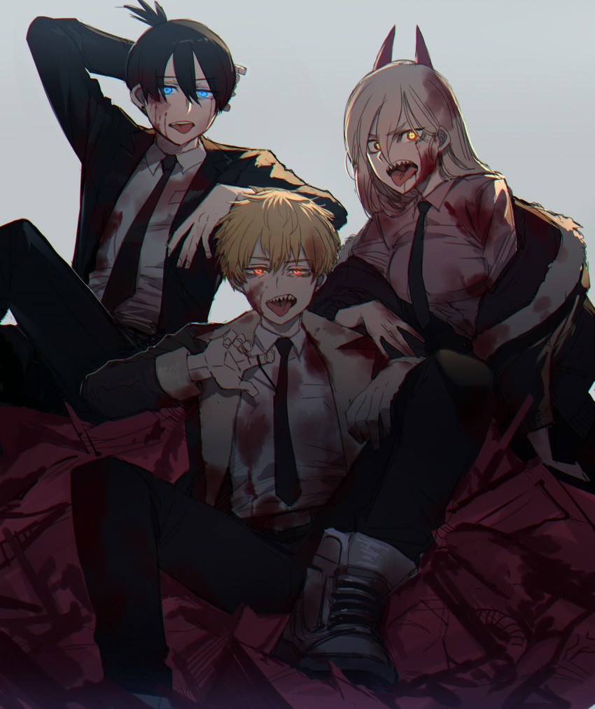 +_+, 1girl, 2boys, absurdres, black_hair, black_jacket, black_neckwear, black_pants