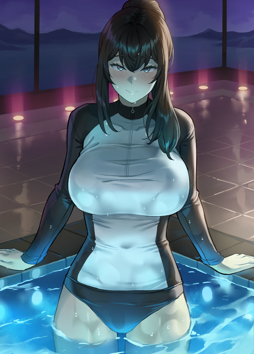 1girl, arm_support, bangs, banned_artist, black_hair, blush, breasts, closed_mouth, covered_navel, grey_eyes, high_ponytail, kkamja, large_breasts, looking_at_viewer, mountainous_horizon, night, night_sky, original, partially_submerged, pool, sidelocks, skin_tight, sky, smile, thighs, tile_floor, tiles, water, wet, wetsuit, window, zipper