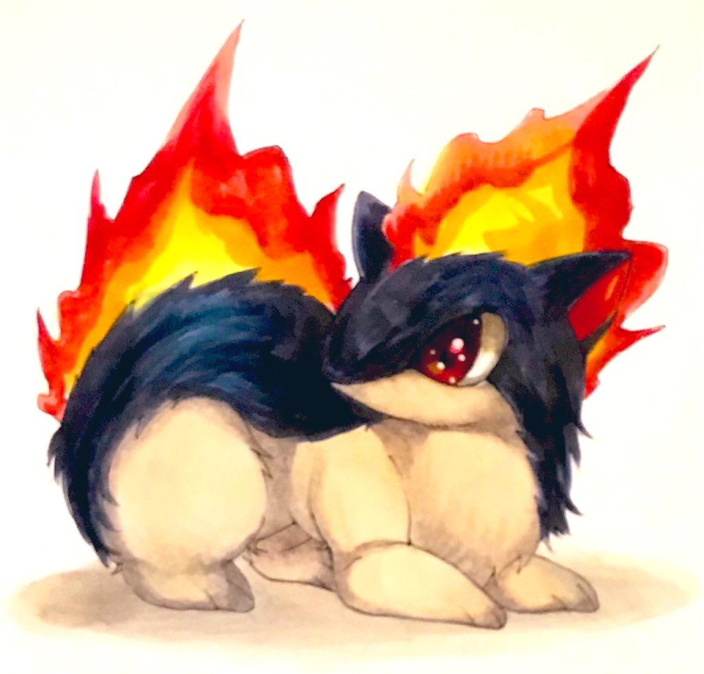 animal_focus, commentary_request, fire, full_body, gen_2_pokemon, marker_(medium), mofuo, no_humans, no_mouth, pokemon, pokemon_(creature), quilava, red_eyes, simple_background, solo, traditional_media, white_background
