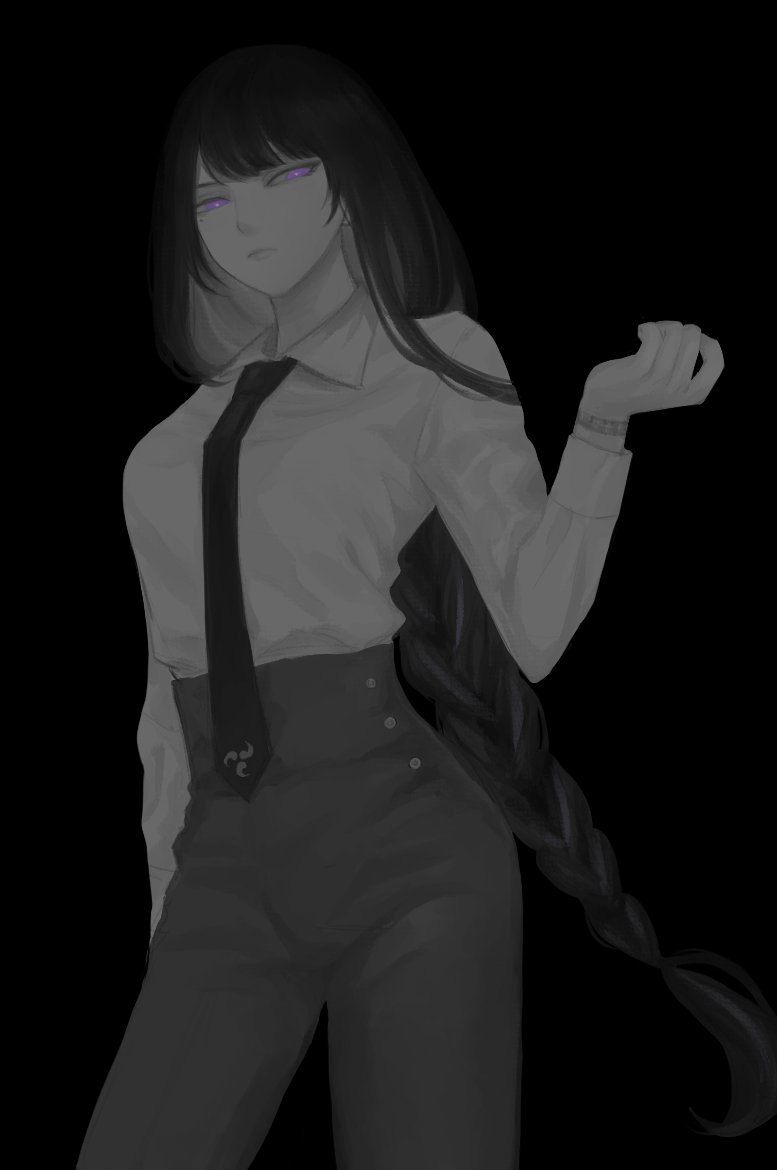 1girl, bangs, blunt_bangs, braid, breasts, closed_mouth, collared_shirt, commentary