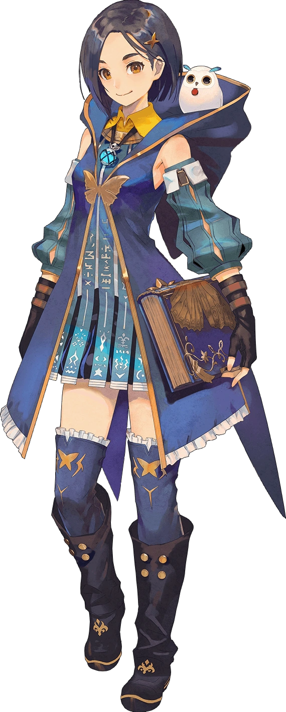 1girl, bird, black_footwear, black_gloves, black_hair, blue_dress, blue_legwear, blue_sleeves, book, boots, brown_eyes, butterfly_ornament, closed_mouth, detached_sleeves, dress, fingerless_gloves, full_body, fururu_(tales), gloves, hair_ornament, highres, hood, iwamoto_minoru, jewelry, knee_boots, looking_at_viewer, necklace, official_art, owl, rinwell_(tales), short_dress, short_hair, smile, standing, tales_of_(series), tales_of_arise, thigh-highs, x_hair_ornament, zettai_ryouiki