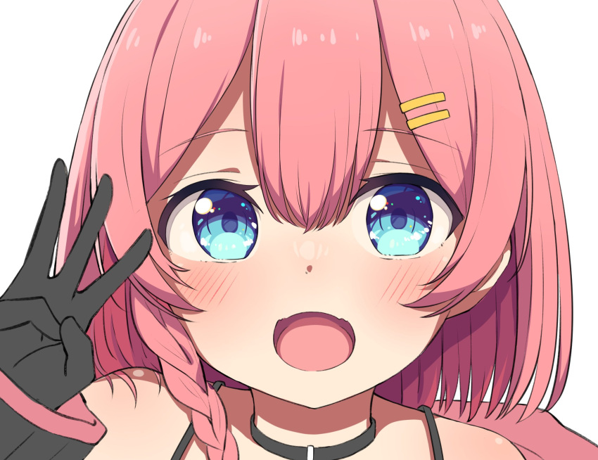 1girl, :d, amahane_yotsuha, bangs, bare_shoulders, black_choker, black_gloves, black_jacket