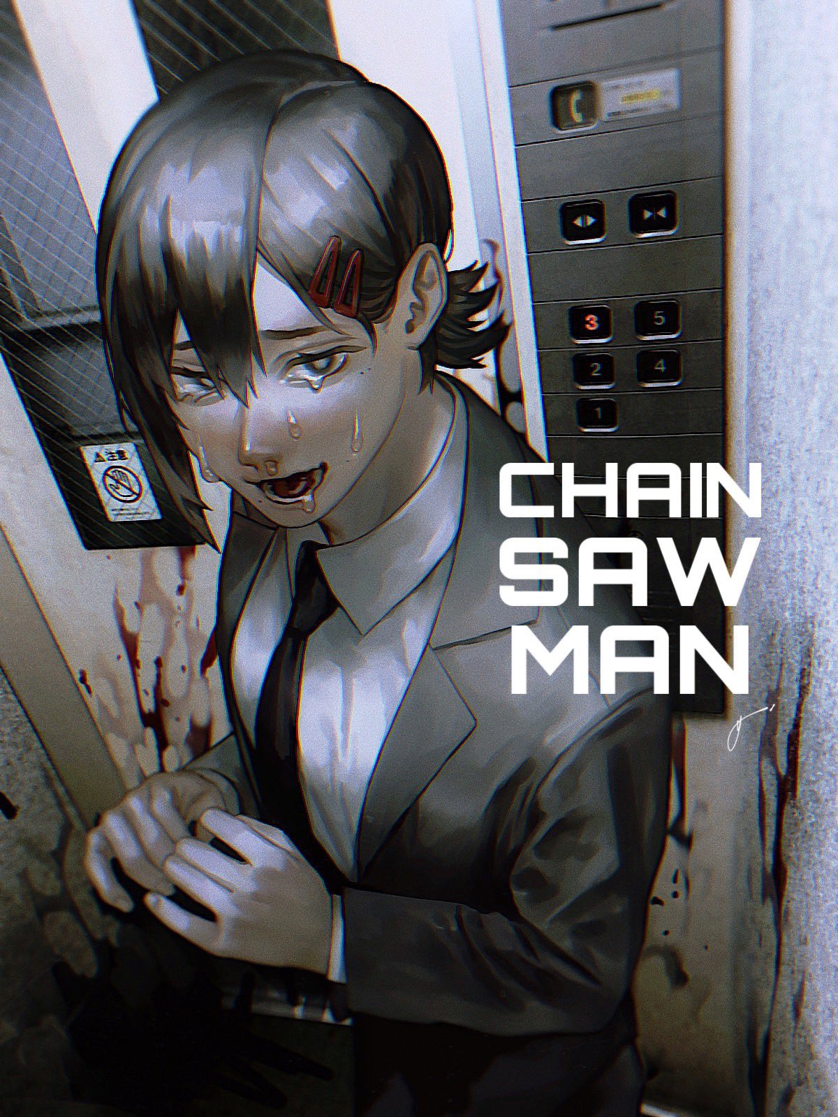 1girl, asymmetrical_hair, bangs, black_hair, black_neckwear, black_pants, blood, blood_splatter, business_suit, chainsaw_man, collared_shirt, crying, crying_with_eyes_open, elevator, elevator_door, formal, furrowed_brow, hair_behind_ear, hair_between_eyes, hair_ornament, hairclip, hands_together, higashiyama_kobeni, highres, indoors, k041800, mole, mole_on_cheek, mole_under_eye, mole_under_mouth, neckwear, open_mouth, pants, ponytail, sad, shirt, short_hair, sidelocks, sign, sobbing, solo, suit, tears, teeth, white_shirt