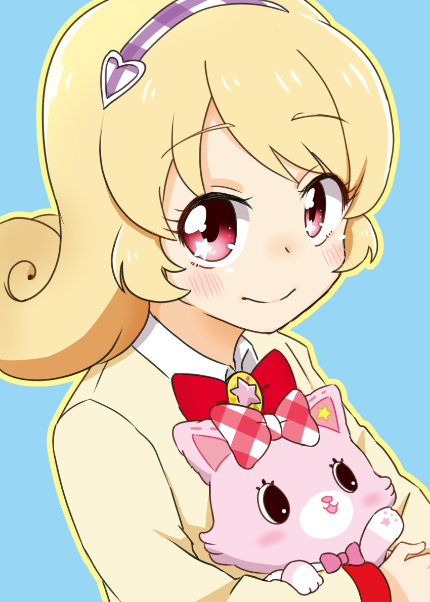 1girl, absurdres, blonde_hair, blue_background, blush, bow, bowtie, cardigan