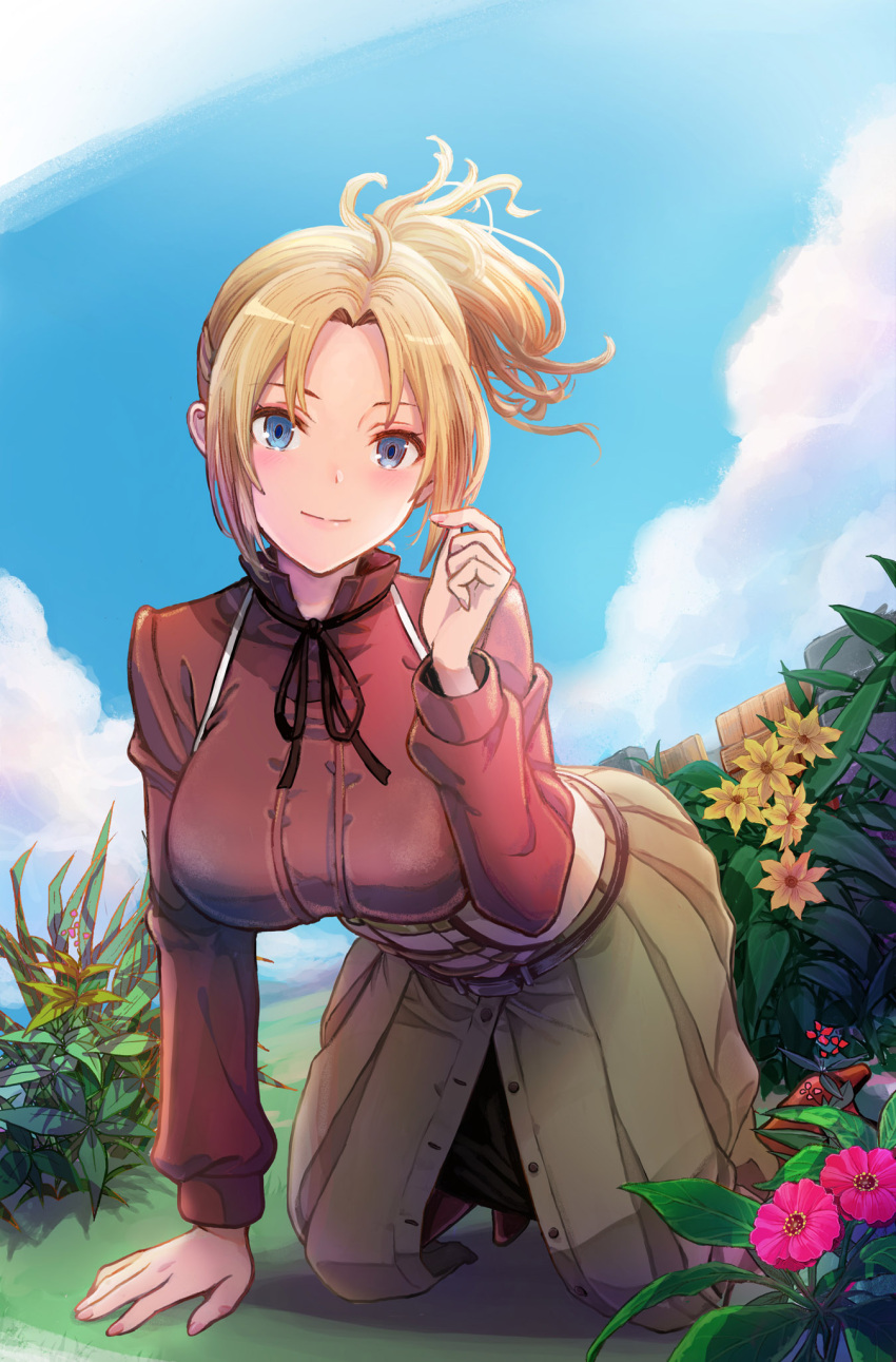 1girl, ahoge, all_fours, blonde_hair, blue_eyes, blue_sky, blush, breasts
