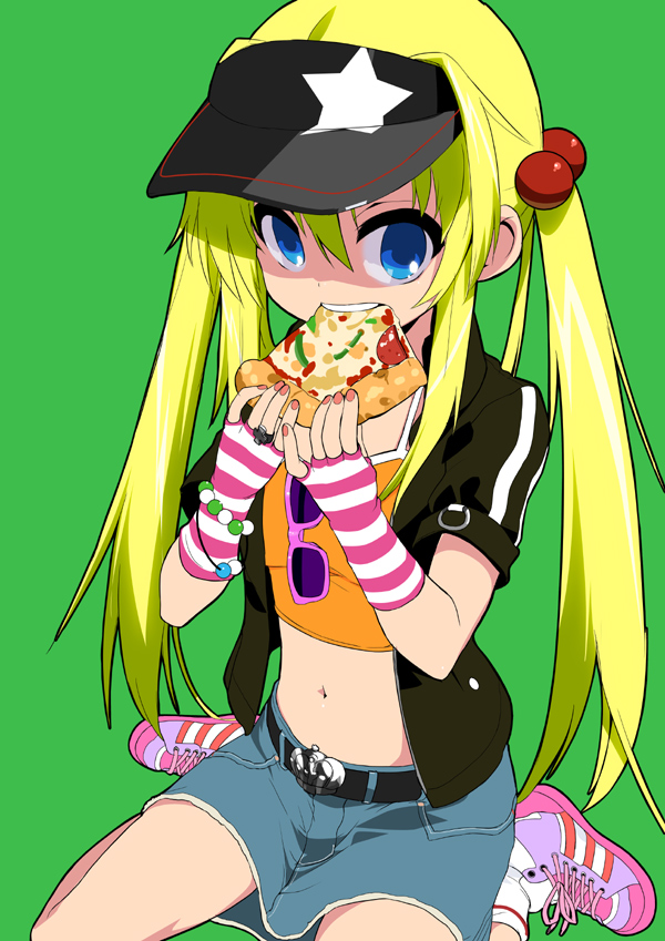 baby_princess, belt, blonde_hair, blue_eyes, camisole, denim_skirt, eating, fingerless_gloves