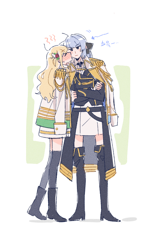 >_<, 2girls, :|, aiguillette, ankle_boots, arrow_(symbol), bak_pep, bangs, black_eyes, black_footwear, black_jacket, black_legwear, black_ribbon, black_skirt, blonde_hair, blush, boots, buttons, closed_eyes, closed_mouth, commentary_request, crossed_arms, double-breasted, embarrassed, epaulettes, eyebrows_visible_through_hair, facing_another, flower, full-face_blush, full_body, gold_trim, hair_flower, hair_ornament, hair_ribbon, hand_on_another's_arm, height_difference, jacket, jacket_on_shoulders, jitome, kiss, kissing_cheek, korean_commentary, korean_text, leaning_to_the_side, long_hair, long_sleeves, looking_at_viewer, miniskirt, multiple_girls, no_pupils, overskirt, profile, red_flower, ribbon, shoujo_kageki_revue_starlight, shoujo_kageki_revue_starlight_-re_live-, sidelocks, silver_hair, skirt, standing, thigh-highs, thigh_boots, translation_request, uniform, v-shaped_eyebrows, wavy_hair, white_background, white_jacket, white_skirt, yukishiro_akira, yumeoji_shiori, yuri, zettai_ryouiki