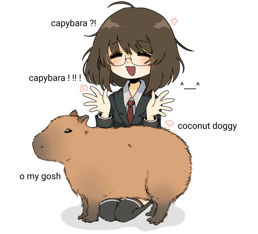 04119_snail, 1girl, black_legwear, brown_hair, capybara, collared_shirt, glasses, highres, jpeg_artifacts, kneeling, long_sleeves, messy_hair, necktie, office_lady, original, over-kneehighs, red_neckwear, shirt, short_hair, solo, thigh-highs, white_shirt