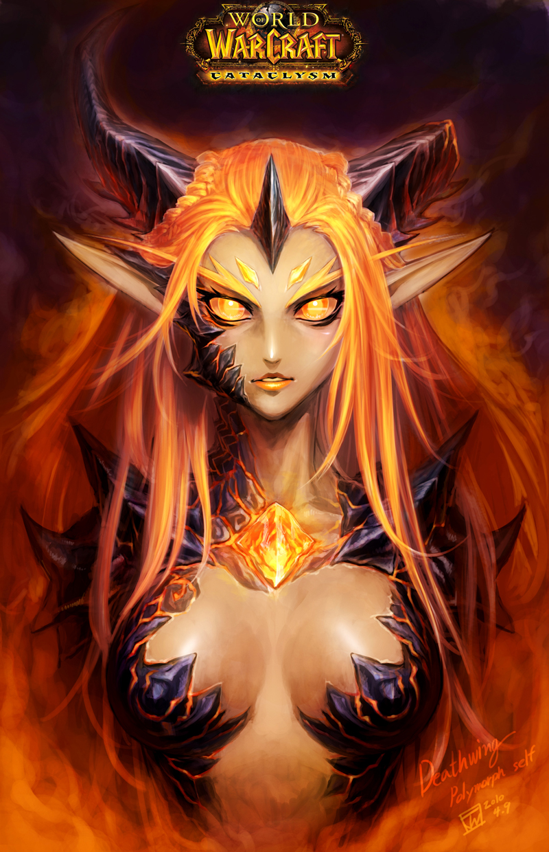 deathwing, genderswap, highres, horns, large_breasts, long_hair, monster_girl, orange_eyes