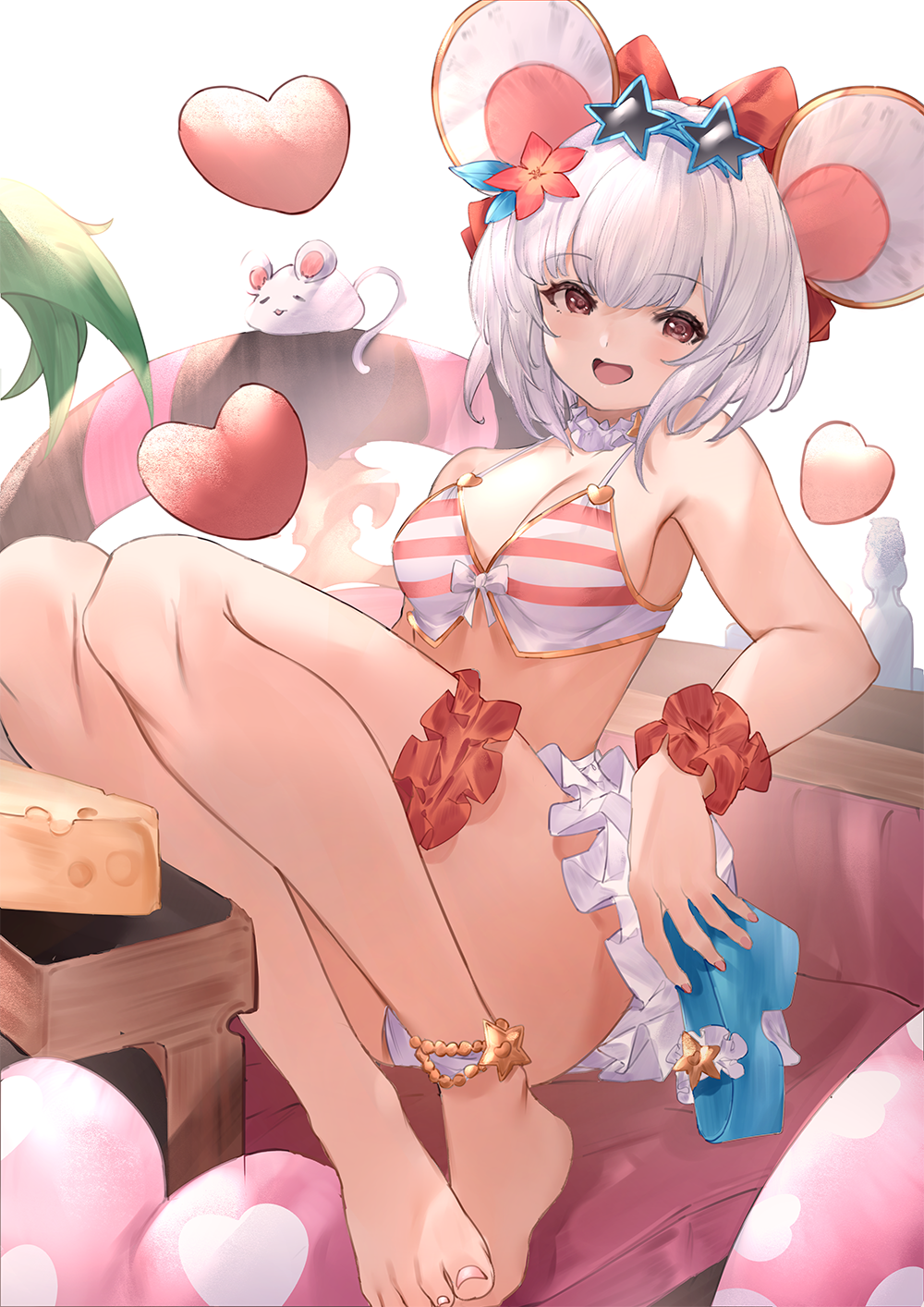 1girl, animal_ears, anklet, bikini, bikini_skirt, bow, breasts, chair