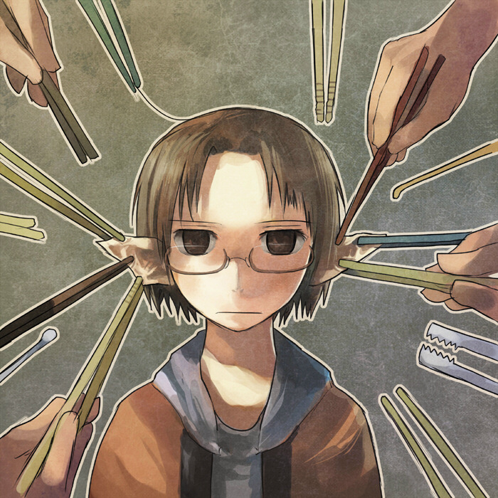 brown_eyes, brown_hair, chopsticks, glasses, hands, pointy_ears, short_hair, tweezers