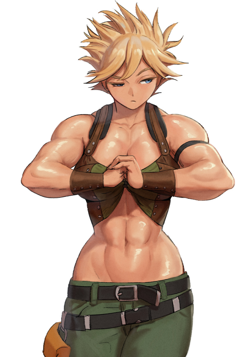 1girl, abs, absurdres, belt, biceps, black_belt, blonde_hair, bloody_roar, blue_eyes, cowboy_shot, expressionless, green_pants, highres, jeanne_gado, midriff, muscular, muscular_female, narrow_waist, navel, nutro, pants, short_hair, simple_background, solo, white_background