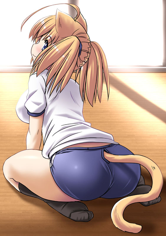 ass, blue_eyes, blush, brown_hair, buruma, gym_uniform, kneeling, looking_back