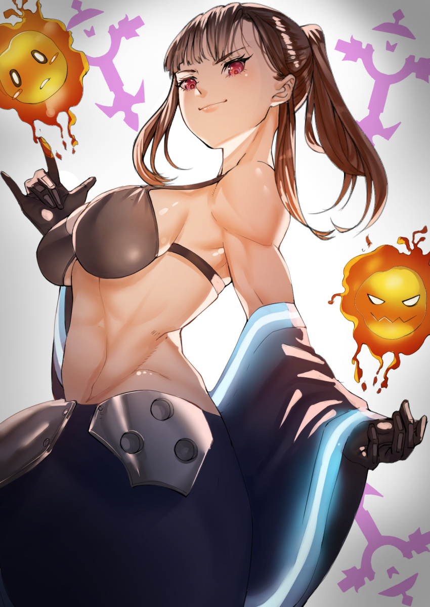 1girl, bangs, bikini, bikini_top, black_bikini, black_gloves, black_pants, breasts