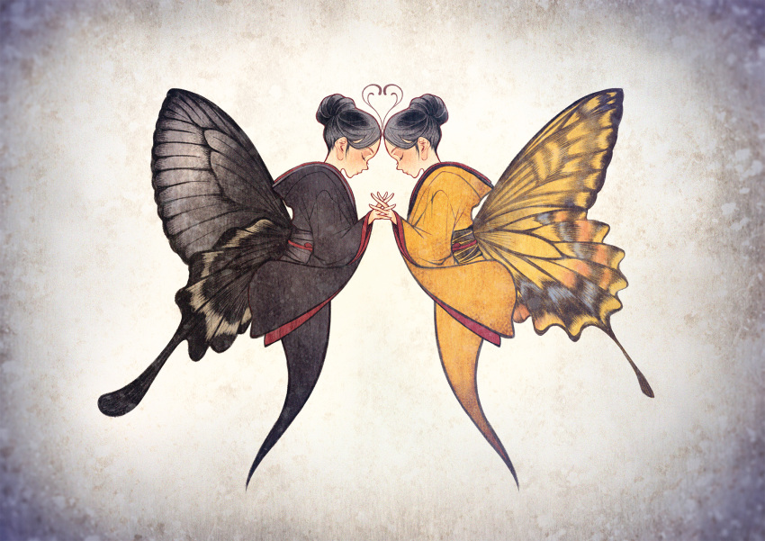 2girls, antennae, black_hair, black_kimono, bug, butterfly, butterfly_girl, butterfly_wings