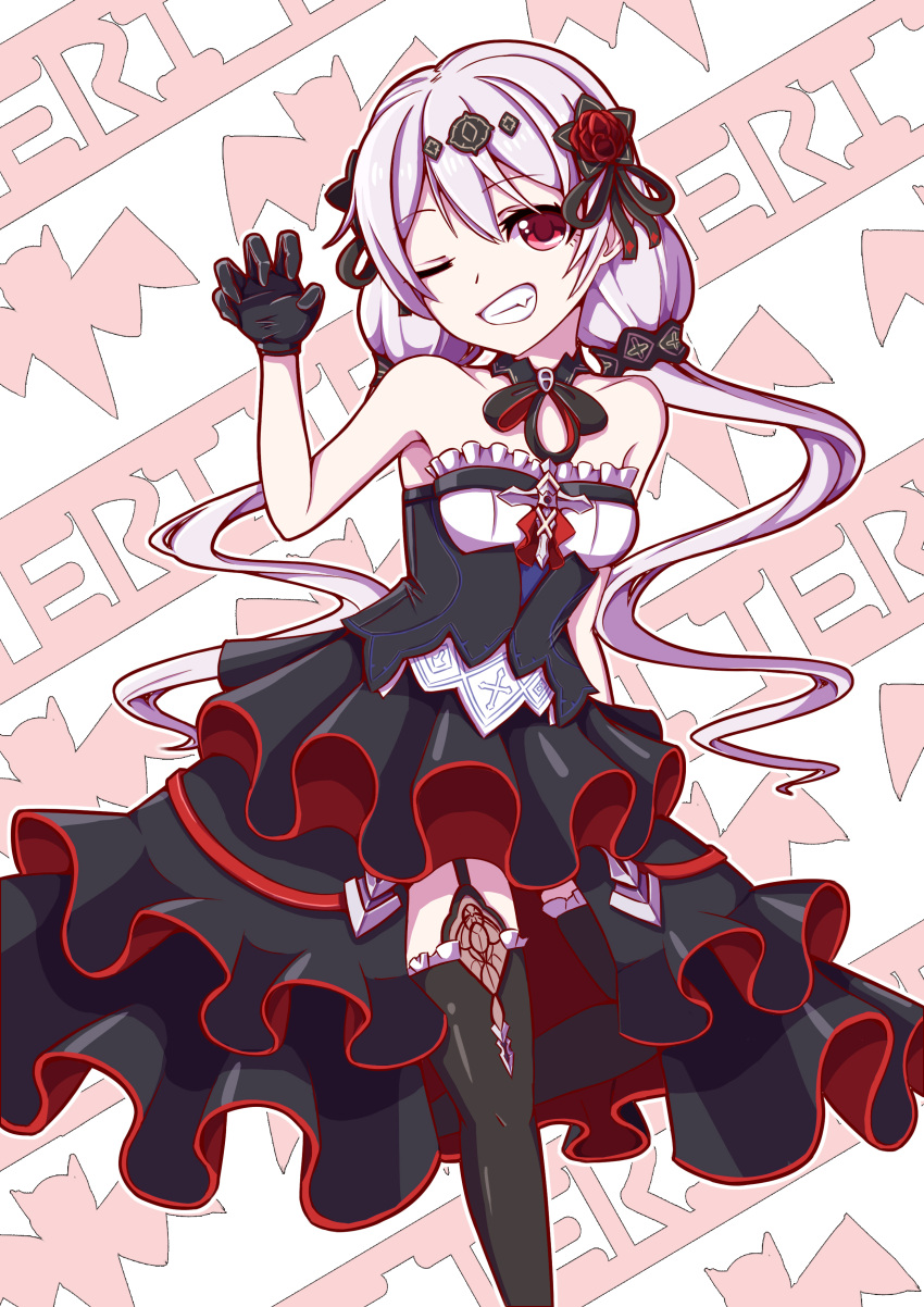 1girl, absurdres, bangs, black_dress, black_gloves, black_legwear, dress, flower