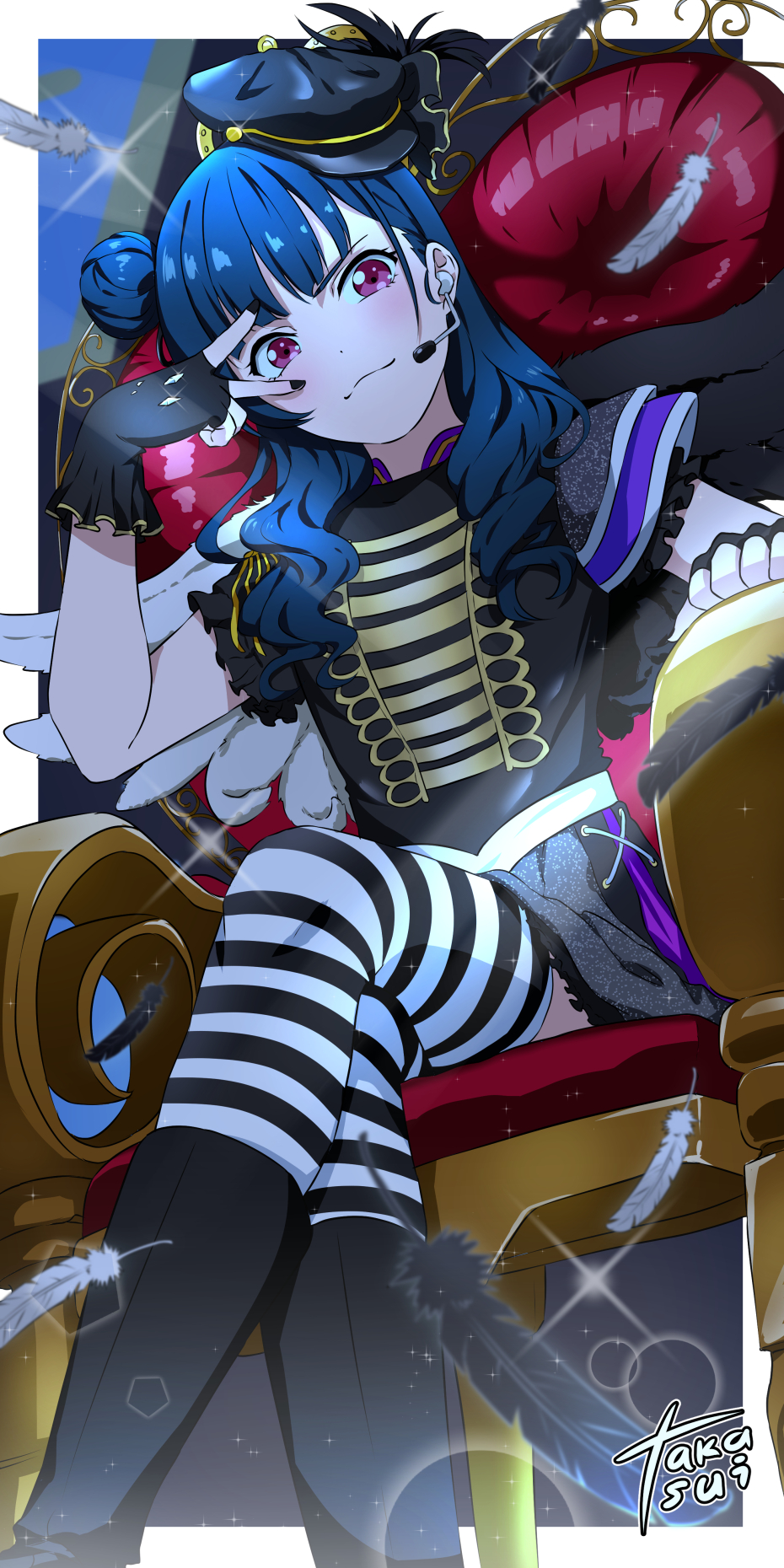 1girl, artist_name, bangs, black_feathers, black_wings, blue_hair, commentary_request, fingerless_gloves