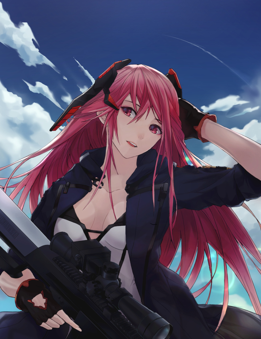 1girl, anti-materiel_rifle, bangs, barrett_m82, black_gloves, blue_jacket, blue_sky, breasts