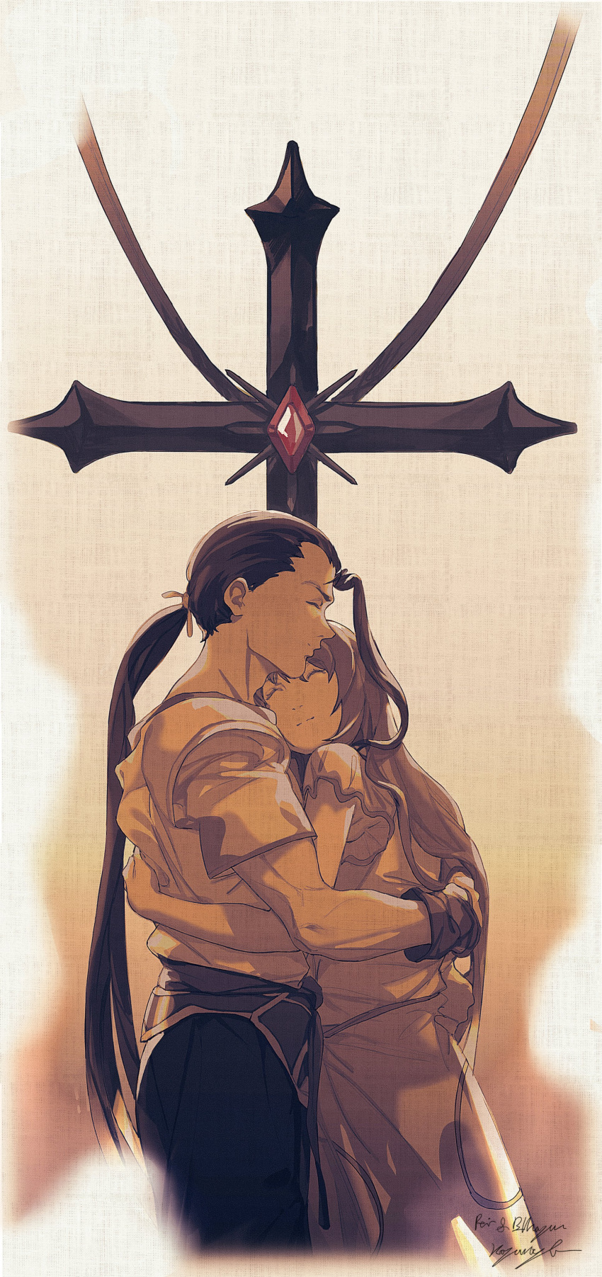 1boy, 2girls, absurdres, black_hair, closed_eyes, cowboy_shot, cross, elhaym_van_houten