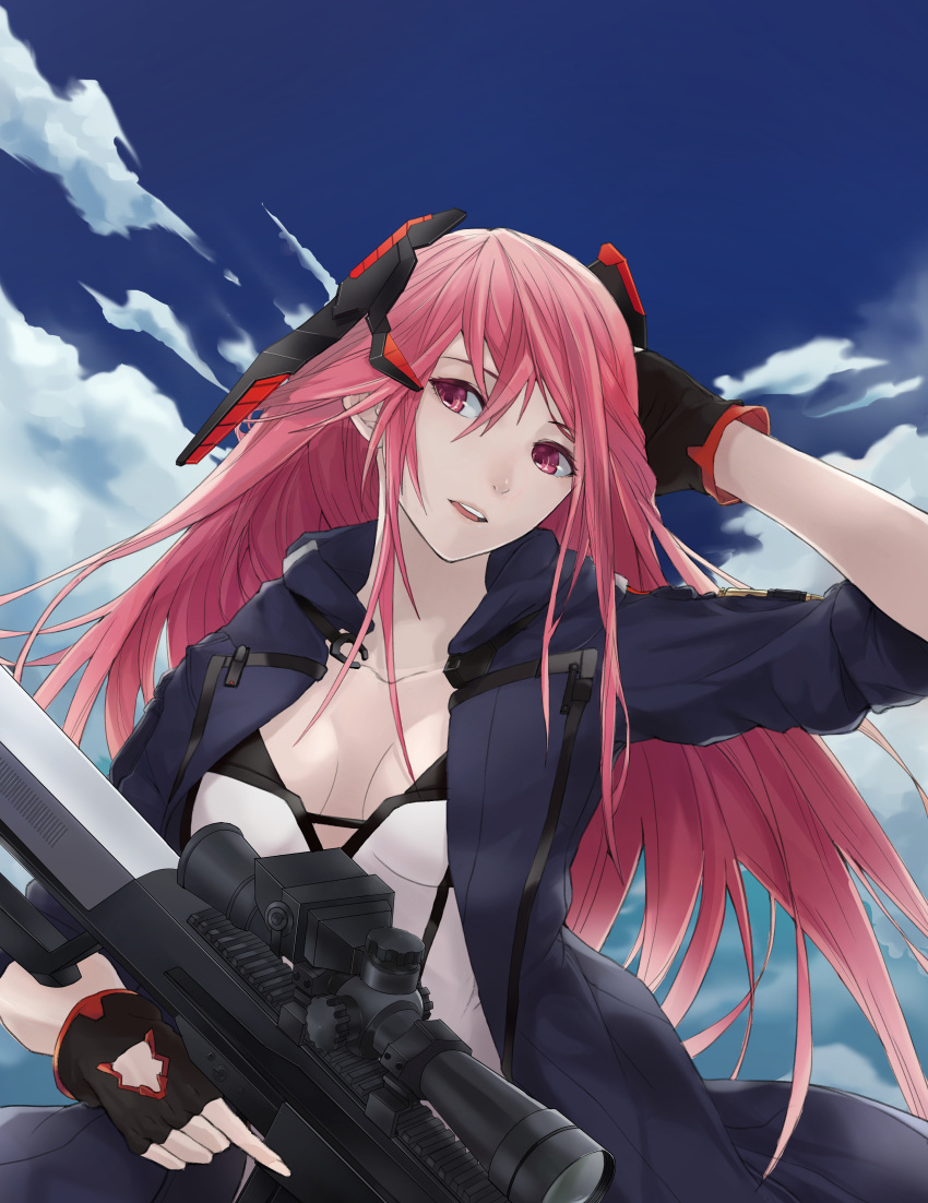 1girl, absurdres, anti-materiel_rifle, bangs, barrett_m82, black_gloves, blue_jacket, blue_sky
