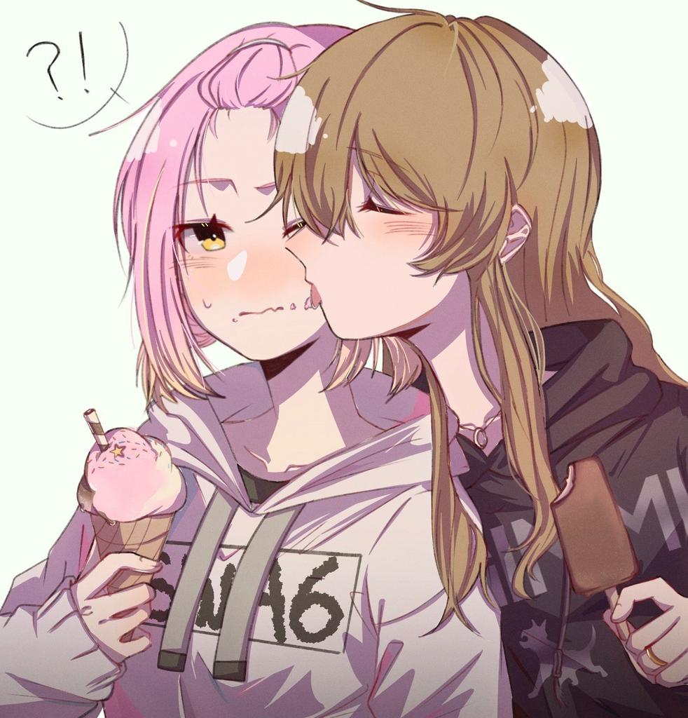 !?, 2girls, bangs, bangs_pinned_back, black_hoodie, blush, brown_hair, closed_eyes