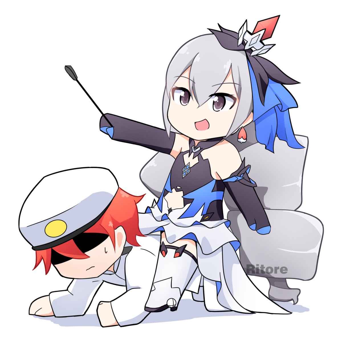 1boy, 1girl, :d, bangs, black_gloves, bronya_zaychik, bronya_zaychik_(herrscher_of_reason), captain_(honkai_impact), chibi, drill_hair, earrings, elbow_gloves, full_body, gloves, grey_eyes, grey_hair, hair_between_eyes, hair_ornament, hat, highres, holding, honkai_(series), honkai_impact_3rd, human_chair, human_furniture, jewelry, long_hair, military, military_hat, military_uniform, open_mouth, redhead, riding_crop, ritore, simple_background, sitting, sitting_on_person, smile, sweatdrop, thigh-highs, twin_drills, uniform, white_background, white_footwear, white_headwear, white_legwear