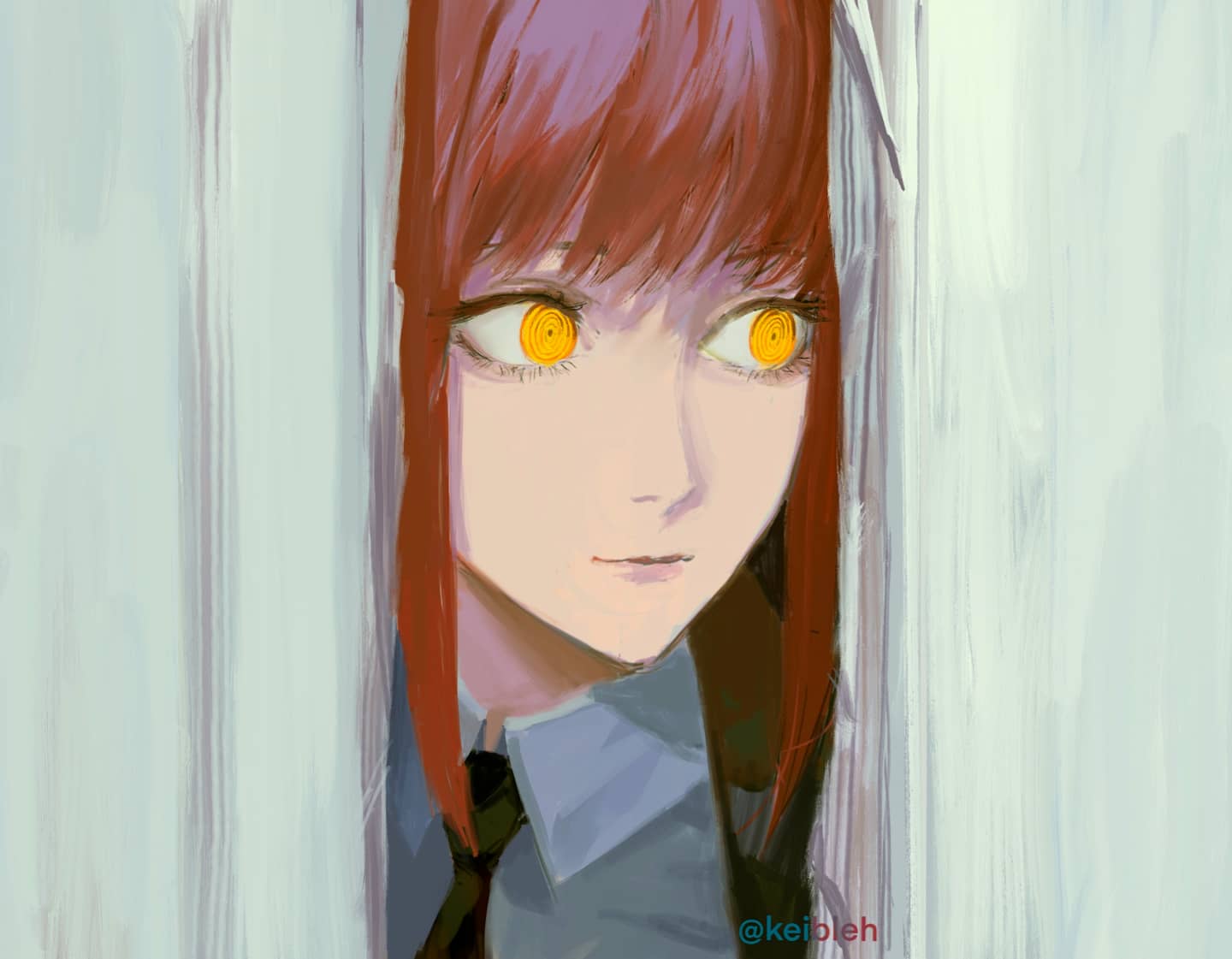 1girl, black_jacket, black_neckwear, broken_door, chainsaw_man, closed_mouth, collared_shirt, commentary