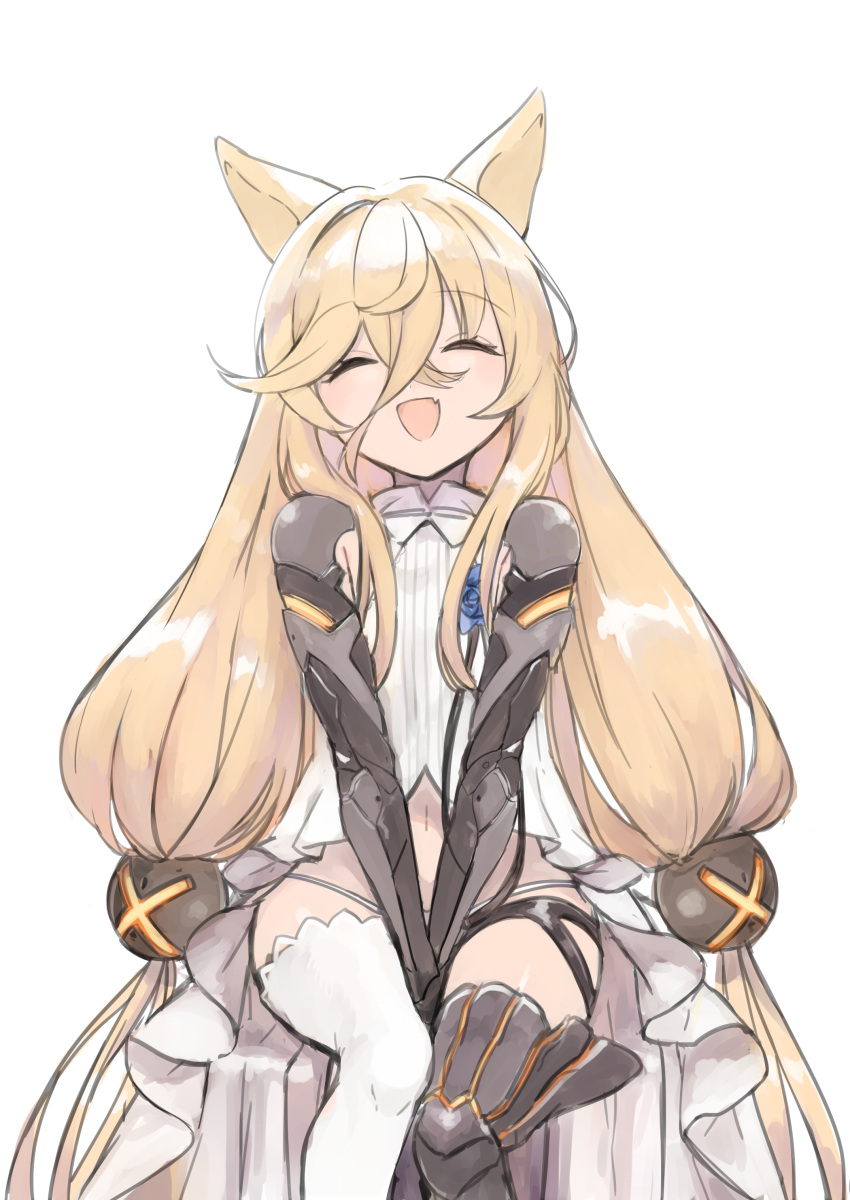 1girl, 4410_(kanimiso), :d, absurdres, animal_ears, bangs, between_legs, blonde_hair, closed_eyes, commentary_request, dress, fang, g41_(girls_frontline), girls_frontline, hair_between_eyes, hair_ornament, hand_between_legs, highres, long_hair, mechanical_arms, mechanical_legs, navel, open_mouth, panties, single_mechanical_leg, single_thighhigh, sitting, skin_fang, smile, solo, thigh-highs, twintails, underwear, very_long_hair, white_background, white_dress, white_panties