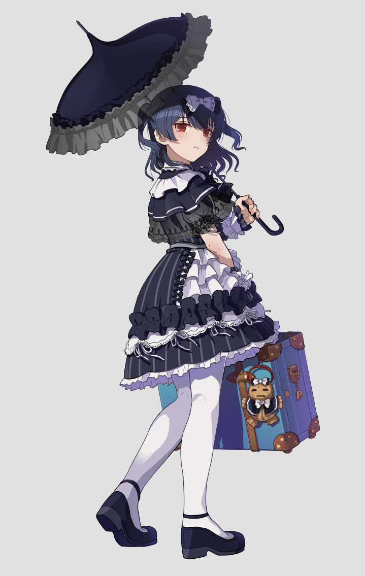 1girl, black_bow, black_dress, black_footwear, blue_hair, bow, dress, frills