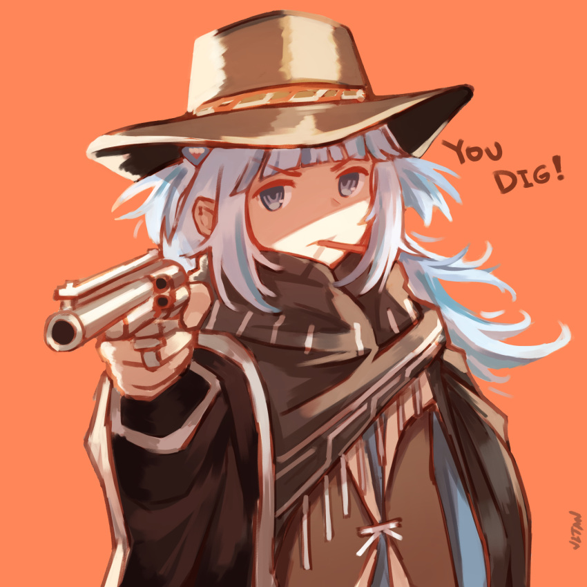 1girl, blue_eyes, character_request, clint_eastwood, cosplay, cowboy_hat, gawr_gura, gun, handgun, hat, highres, hololive, hololive_english, jl_tan, long_hair, long_sleeves, man_with_no_name, man_with_no_name_(cosplay), pistol, revolver, solo, the_good_the_bad_and_the_ugly, virtual_youtuber, weapon