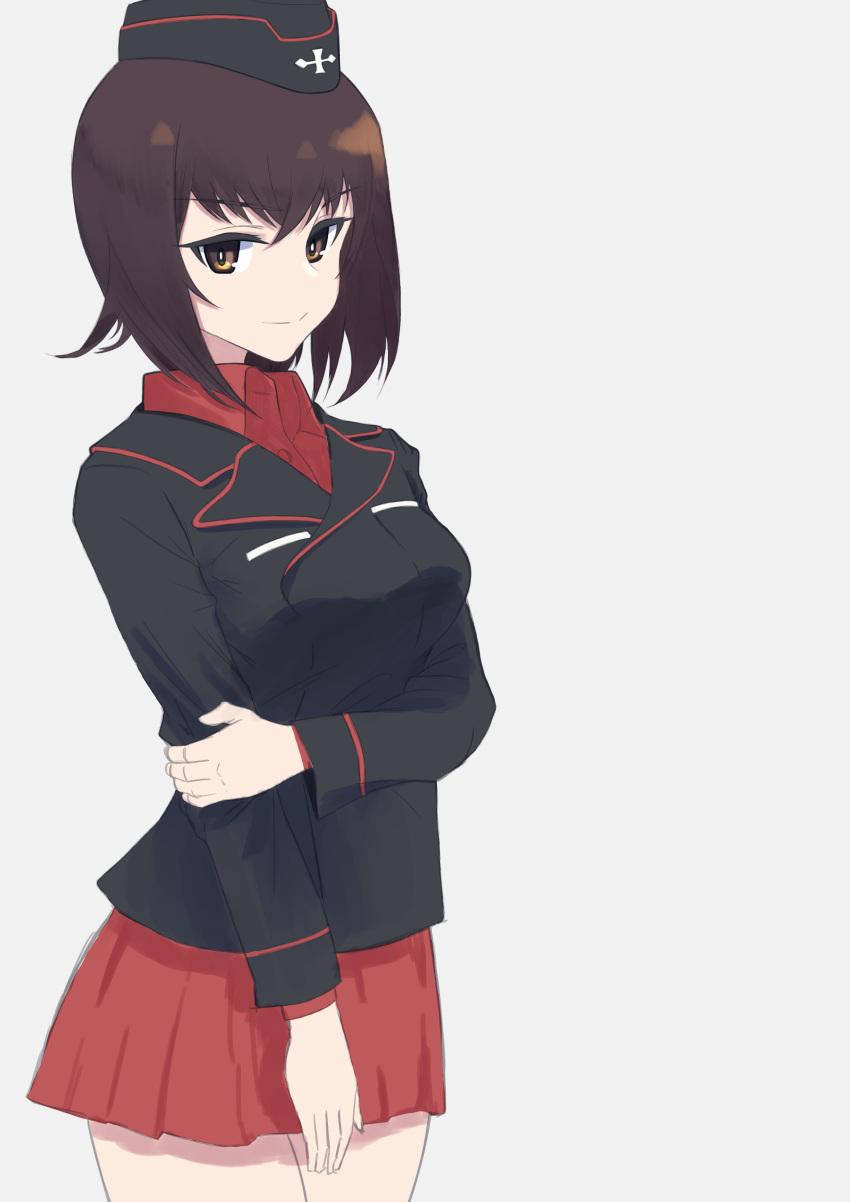 1girl, absurdres, commentary, dress_shirt, garrison_cap, girls_und_panzer, hand_on_own_arm, hat