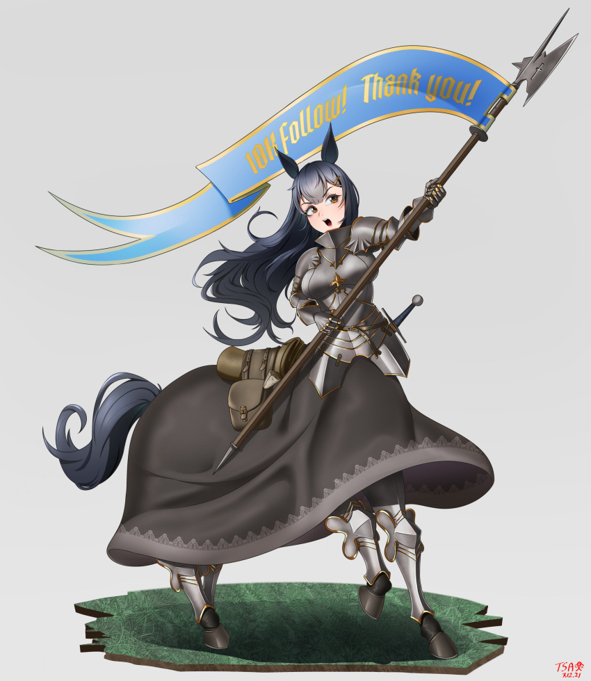 1girl, :o, absurdres, animal_ears, armor, artist_name, axe, bag