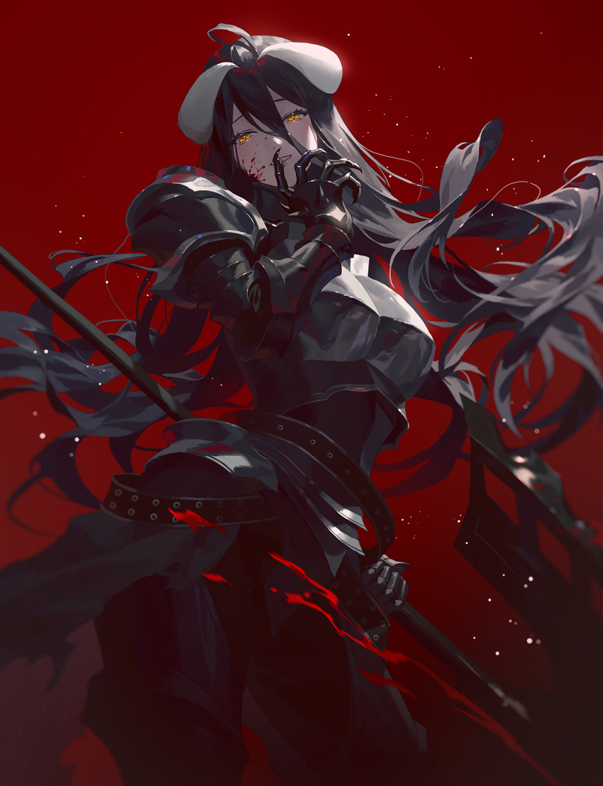 1girl, albedo_(overlord), armor, black_hair, blood, blood_on_face, blood_splatter, demon_girl