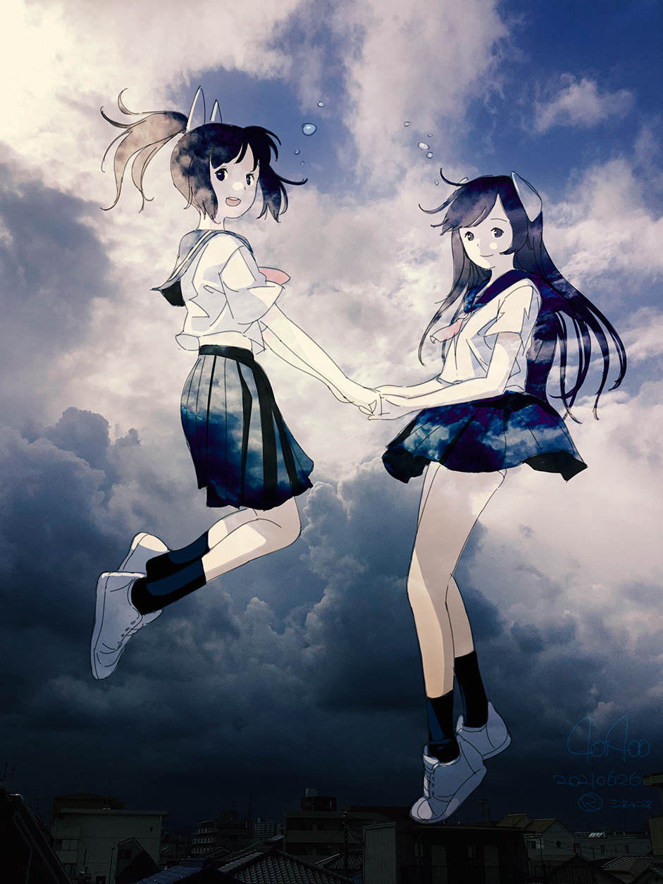 2girls, clouds, cloudy_sky, dated, headgear, highres, holding_hands, i-400_(kancolle)