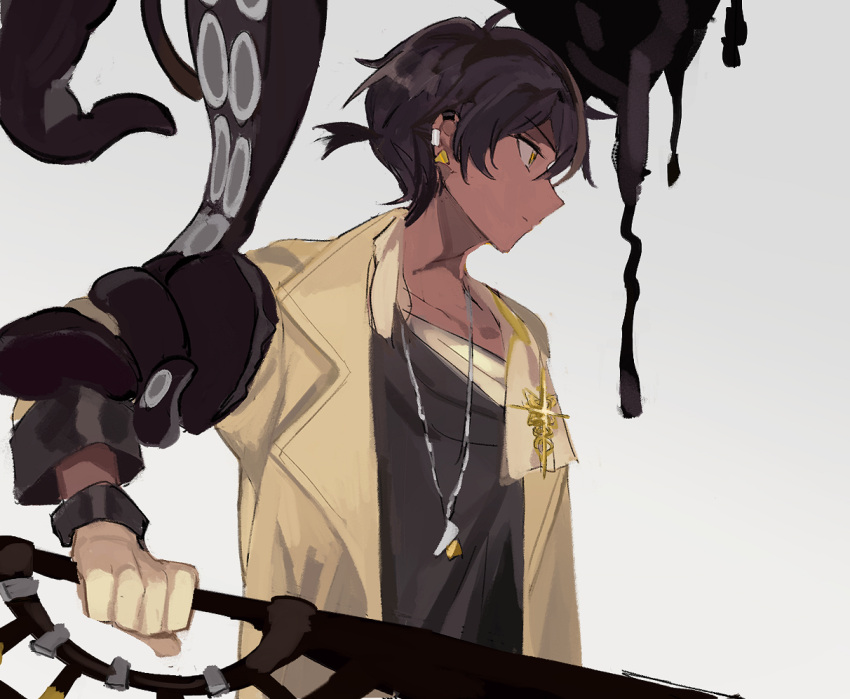 1boy, arknights, black_hair, black_shirt, brown_coat, closed_mouth, coat, commentary_request