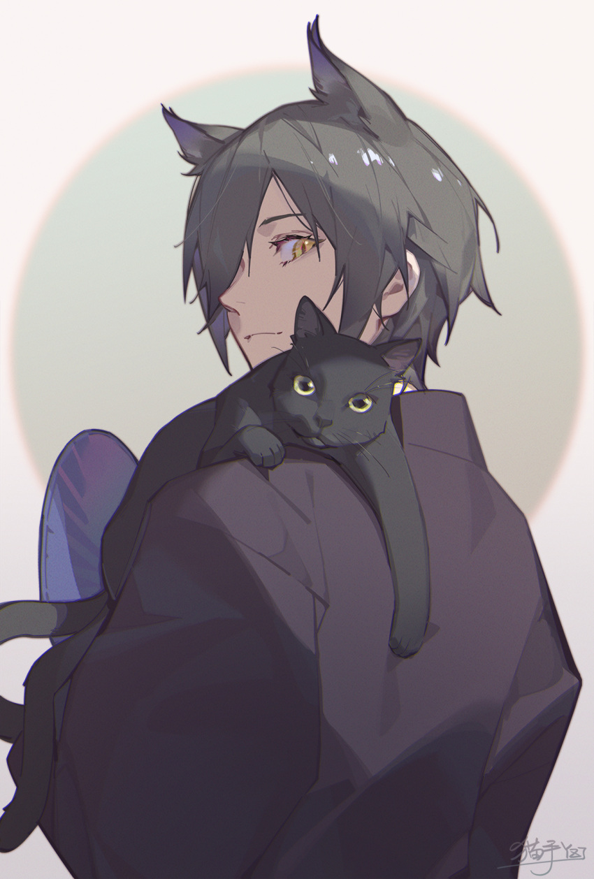 1boy, animal_ear_fluff, animal_ears, arknights, black_cat, black_hair, black_kimono, cat