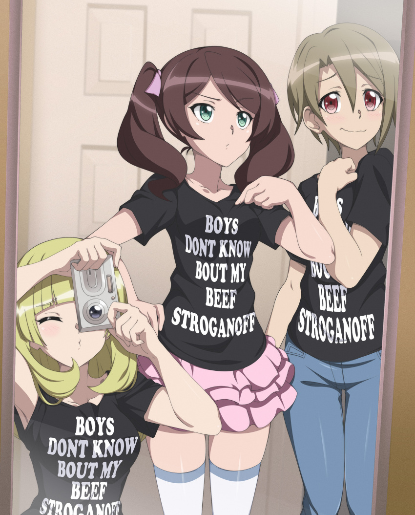 3girls, absurdres, andou_kuriyo, bangs, beef_stroganoff, black_shirt, blonde_hair, blunt_bangs