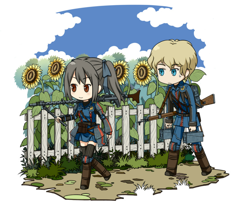 blue_eyes, blue_ribbon, brown_eyes, chibi, edy_nelson, female, fence, flower, grey_hair, gun, highres, homer_peron, long_hair, machine_gun, male, military, military_uniform, miniskirt, ribbon, senjou_no_valkyria, senjou_no_valkyria_1, short_hair, skirt, smile, sunflower, thigh-highs, thighhighs, twintails, uniform, weapon, wood0083, wood_k