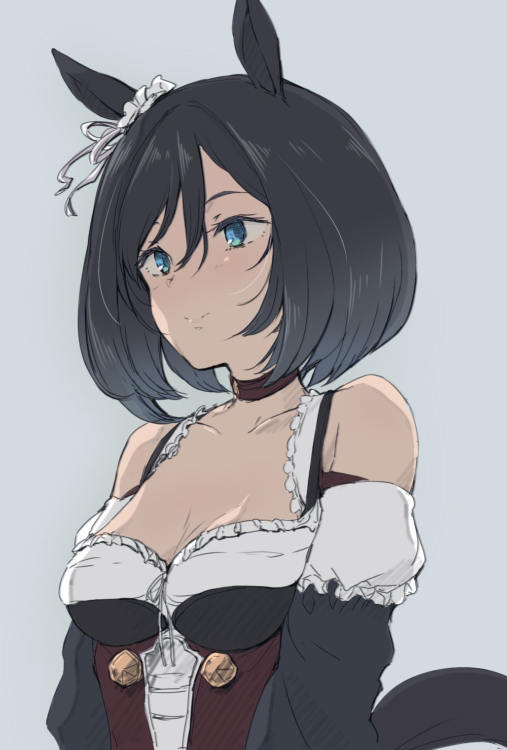 1girl, animal_ears, bare_shoulders, black_hair, blue_background, blue_eyes, breasts, choker