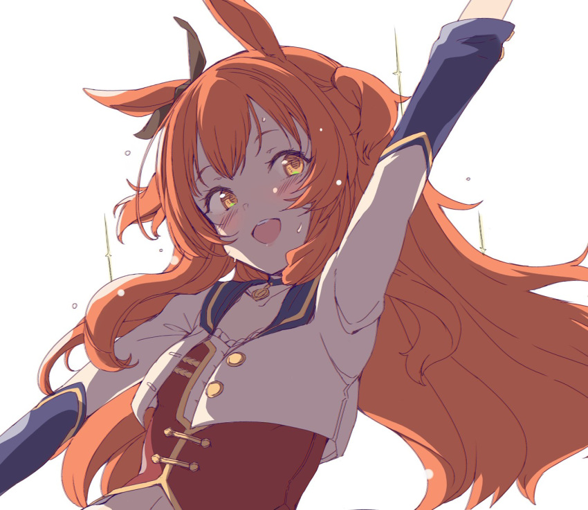 1girl, :d, animal_ears, arm_up, bangs, blush, bow, choker