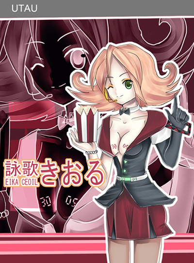black, bow_tie, breasts, eika_ceoil, glove, green_eyes, headphones, jewelry, microphone, music, orange, parody, peach_hair, pink_hair, popcorn, red, utau, white, wink