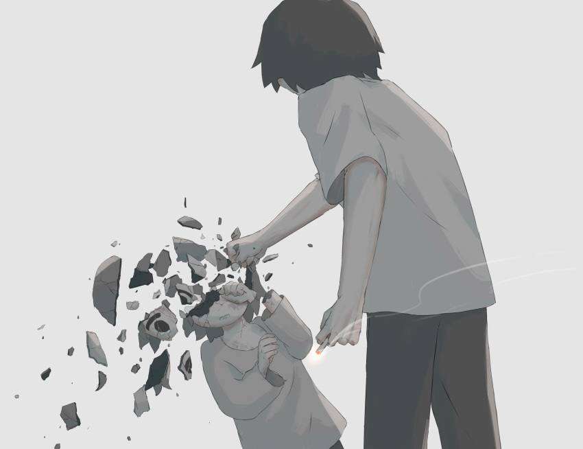 2boys, absurdres, avogado6, black_hair, black_pants, broken, child, child_abuse