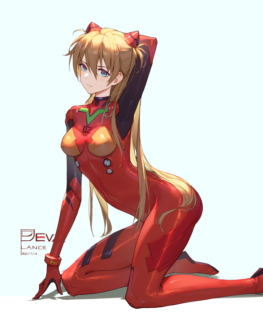 1girl, arm_support, arm_up, artist_name, bangs, blue_eyes, blush, bodysuit, bracer, breasts, brown_hair, closed_mouth, clothes_writing, eva_(metal_gear), full_body, gloves, hair_between_eyes, hairpods, headgear, highres, interface_headset, kneeling, lance_(lancelliu), leaning_forward, long_hair, looking_at_viewer, multicolored, multicolored_bodysuit, multicolored_clothes, neon_genesis_evangelion, orange_bodysuit, pilot_suit, plugsuit, red_bodysuit, sexually_suggestive, small_breasts, solo, souryuu_asuka_langley, turtleneck, two_side_up