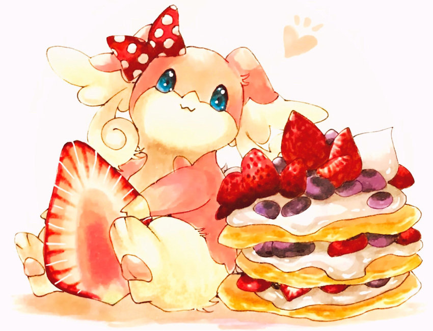 :3, animal_ears, audino, blue_eyes, blueberry, body_fur, bow, closed_mouth, commentary, cream, dessert, food, food_focus, fruit, furry, gen_5_pokemon, hair_bow, happy, heart, highres, holding, holding_food, marker_(medium), mofuo, notice_lines, oversized_food, pancake, pawpads, paws, pink_fur, pokemon, pokemon_(creature), polka_dot, polka_dot_bow, red_bow, simple_background, sitting, smile, solo, traditional_media, two-tone_fur, white_background, white_fur