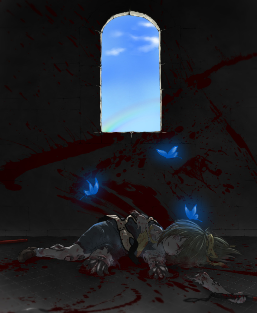 1girl, absurdres, bangs, blood, blood_splatter, blue_skirt, bow, brown_footwear