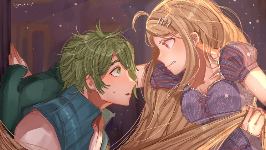1boy, 1girl, against_wall, ahoge, akamatsu_kaede, alternate_hair_length, alternate_hair_ornament, alternate_hairstyle, amami_rantarou, artist_name, bangs, blonde_hair, blush, breasts, chair, clenched_teeth, commentary, cosplay, dangan_ronpa_(series), dangan_ronpa_v3:_killing_harmony, disney, dress, flynn_rider, flynn_rider_(cosplay), from_side, gou_(gouboot), green_eyes, green_hair, hair_ornament, hairclip, highres, large_breasts, long_hair, looking_at_another, messy_hair, musical_note_hair_ornament, parted_lips, pink_eyes, puffy_short_sleeves, puffy_sleeves, rapunzel, rapunzel_(disney), rapunzel_(disney)_(cosplay), short_sleeves, tangled_(film), teeth, twitter_username, very_long_hair, vest